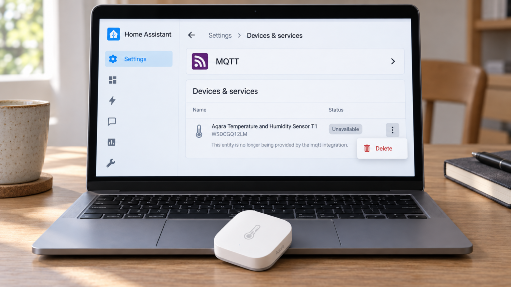 Aqara temperature and humidity sensor beside Home Assistant showing an unavailable MQTT entity and Delete option.