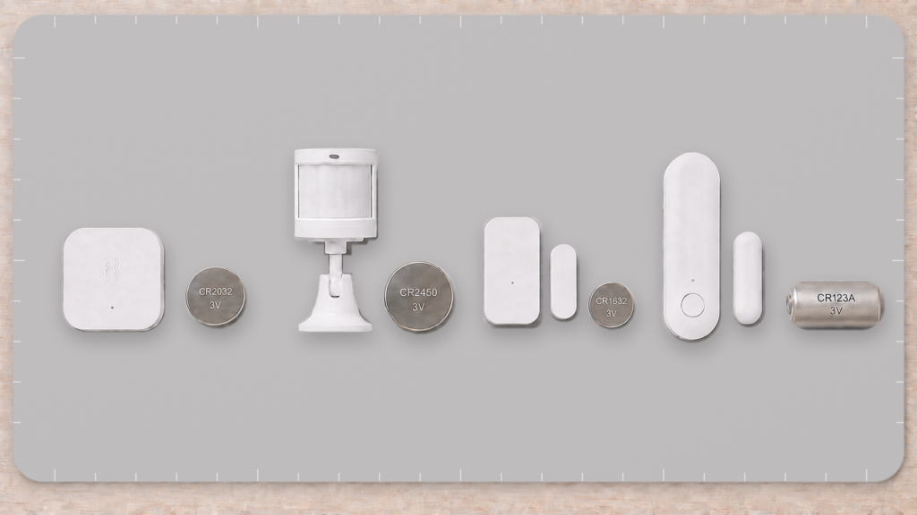 Four Aqara and Xiaomi Zigbee device families beside CR2032, CR2450, CR1632, and CR123A batteries on a measurement mat.