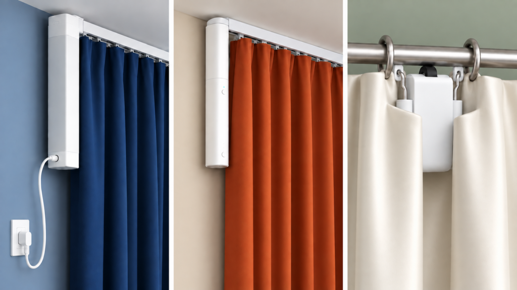 Three installed Aqara curtain motors: mains-powered ZNCLDJ11LM, battery B1, and Curtain Driver E1 on a rod.