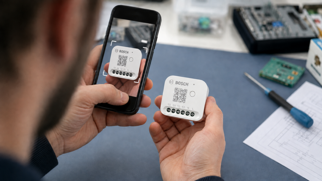 A disconnected Bosch BMCT-SLZ module held in one hand while its physical QR label is scanned with a phone camera.