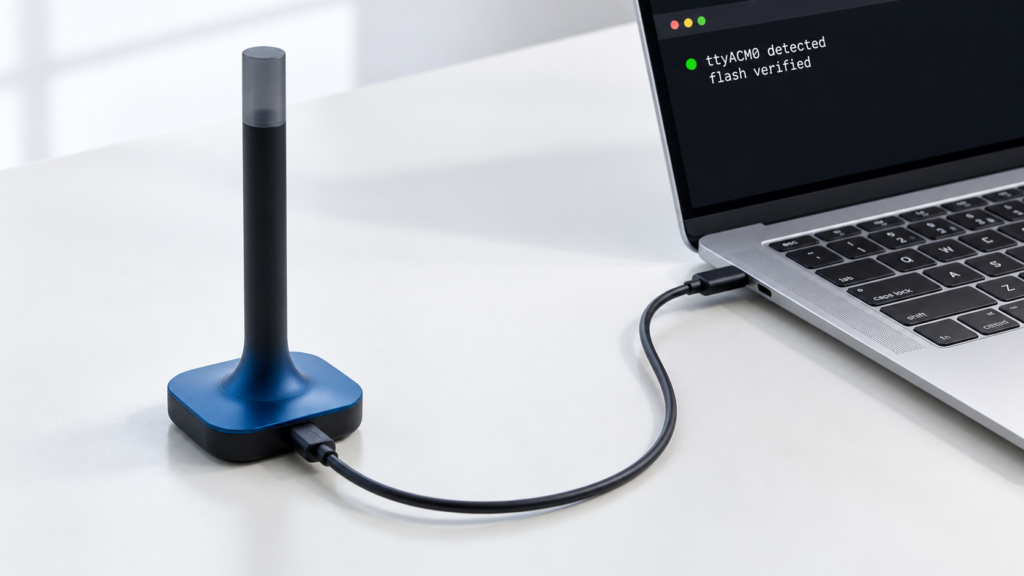 Home Assistant Connect ZBT-2 connected by USB-C to a laptop showing successful flash recovery.