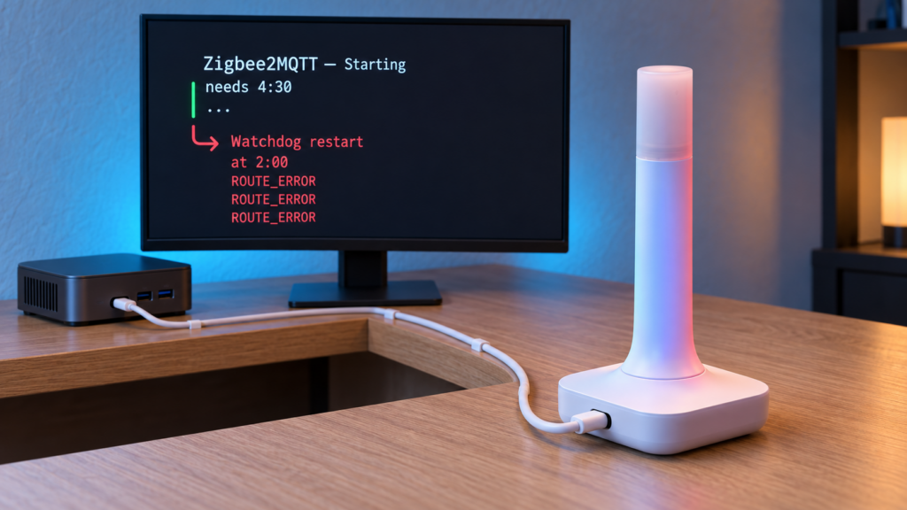 Home Assistant Connect ZBT-2 beside a monitor showing Zigbee2MQTT taking 4 minutes 30 seconds to start before a watchdog restart at 2 minutes.