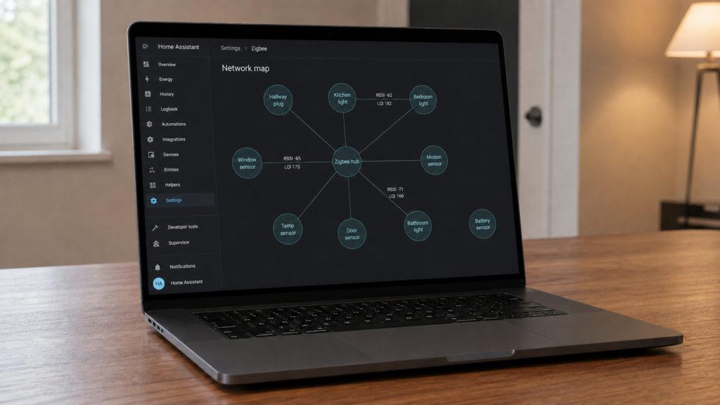 Home Assistant ZHA network map on a laptop showing a multi-hop Zigbee mesh and an unlinked battery sensor.