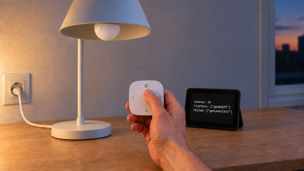 IKEA STYRBAR remote controlling a TRADFRI bulb beside a Zigbee2MQTT bind response showing one failed cluster.