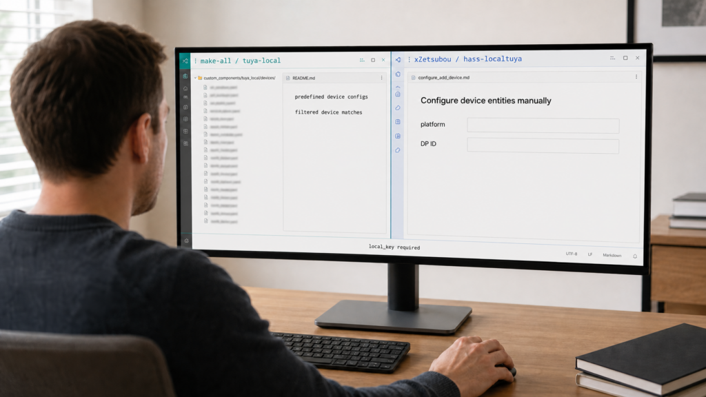 Side-by-side comparison of tuya-local predefined device configs and LocalTuya manual datapoint entity setup documentation.