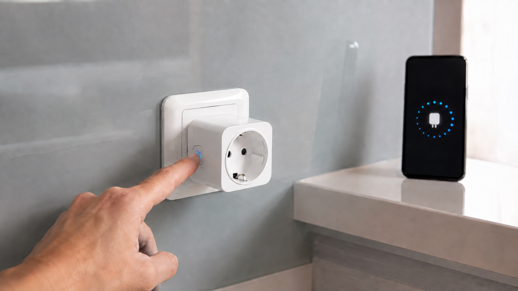 NOUS A7 Wi-Fi smart plug fully seated in a Type-F outlet while its side reset button is pressed, with a pairing phone nearby.