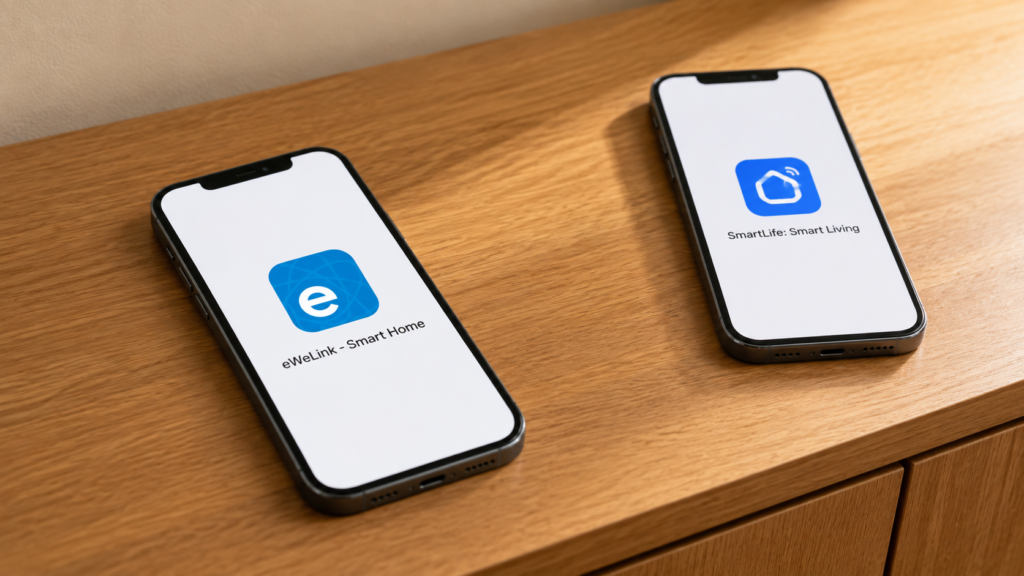 Two smartphones showing the separate eWeLink and Smart Life app identities on a wooden console.