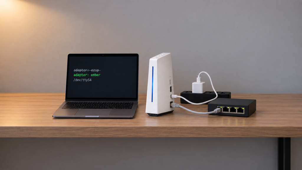 SONOFF iHost connected to power and a network switch beside a laptop showing adapter ezsp replaced by adapter ember for /dev/ttyS4.