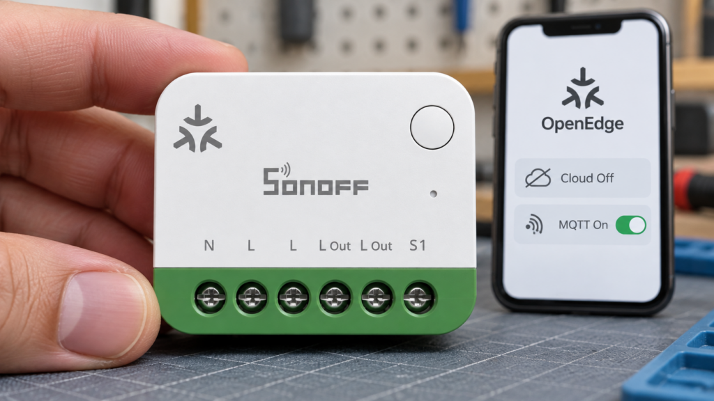 SONOFF MINI-1GSP with six labeled terminals beside a phone showing OpenEdge cloud off and MQTT on.
