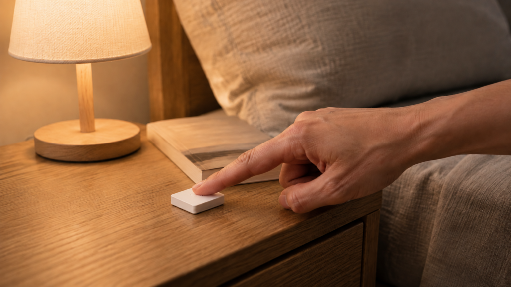 Hand pressing a SONOFF SNZB-01 wireless button on a bedside table beside an illuminated reading lamp.