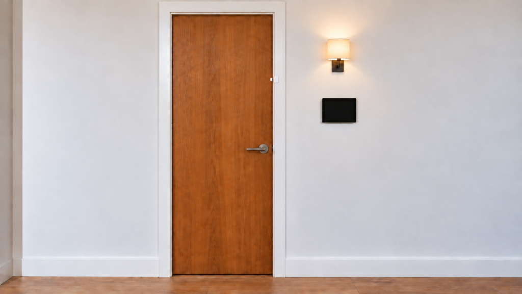 SONOFF SNZB-04P contact sensor aligned across a closed door while a wall light stays on and the Home Assistant tablet is off.
