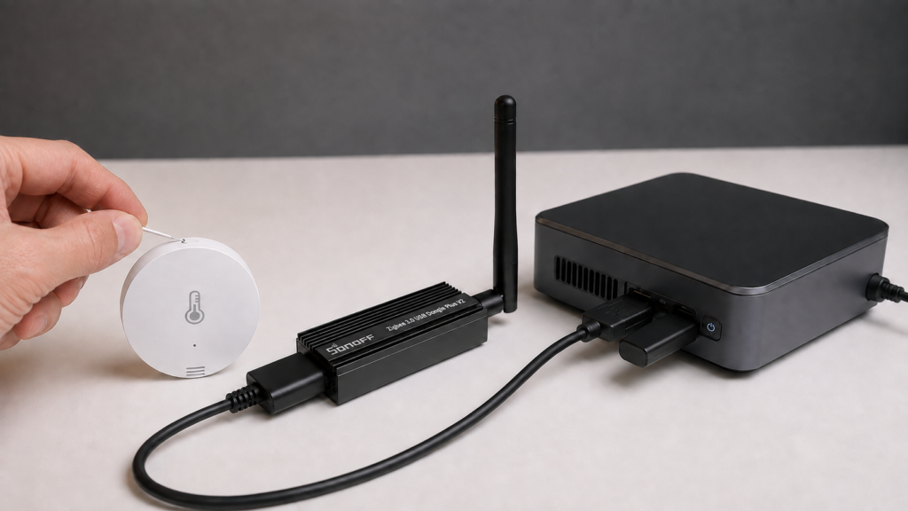 SONOFF ZBDongle-E connected to a mini PC while a Xiaomi sensor's reset button is pressed with a pin.