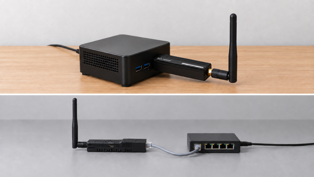 SONOFF ZBDongle-E connected to a mini PC above a SMLIGHT SLZB-06 connected by Ethernet to a PoE switch.