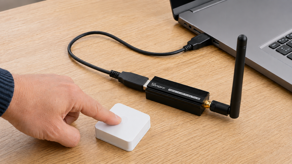 SONOFF ZBDongle-E connected to a laptop by USB extension while a hand wakes a SONOFF SNZB-01 button after a Zigbee channel change.