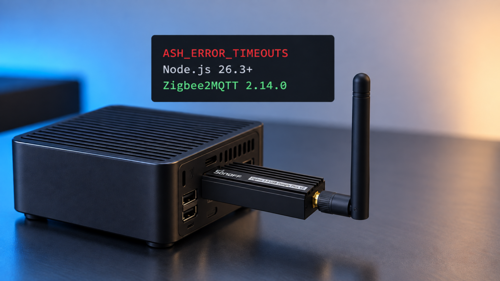 SONOFF ZBDongle-E seated in a mini PC beside the ASH_ERROR_TIMEOUTS update fix for Node.js 26.3 and Zigbee2MQTT 2.14.0.