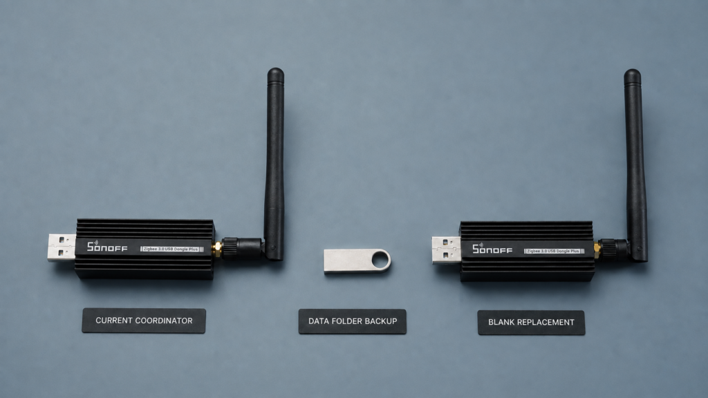 Two matching SONOFF ZBDongle-E coordinators and a disconnected USB drive arranged for Zigbee2MQTT backup and replacement preparation.