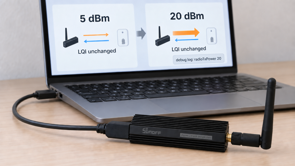 SONOFF ZBDongle-P connected to a laptop diagram showing transmit power rising from 5 to 20 dBm while return-side LQI remains unchanged.