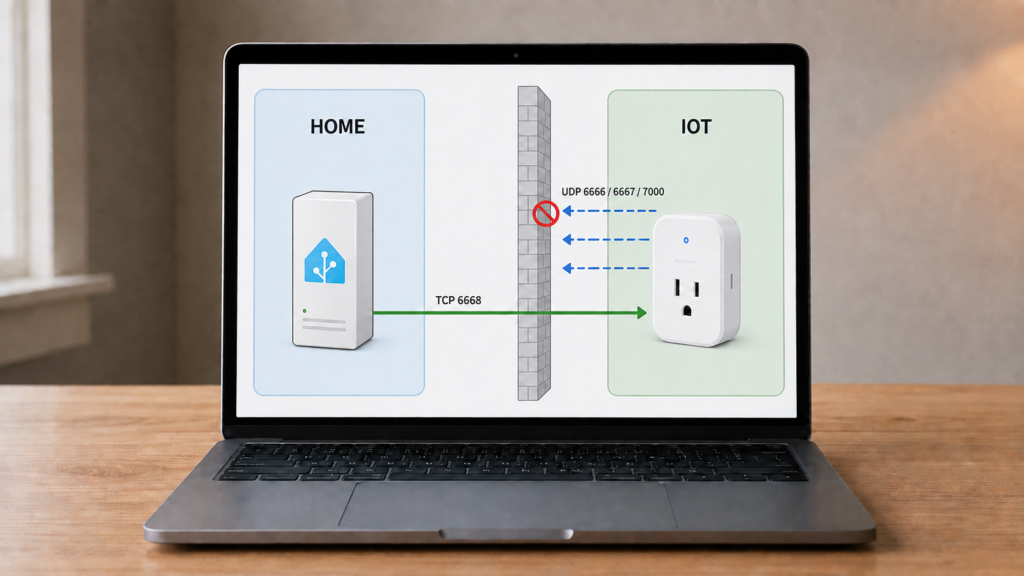 Laptop diagram showing Tuya UDP discovery blocked at an IoT VLAN firewall while TCP 6668 control crosses from Home Assistant.