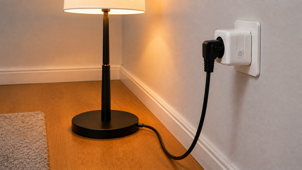 Tuya TS011F smart plug fully seated in a Schuko wall socket and powering a floor lamp through one continuous cable.
