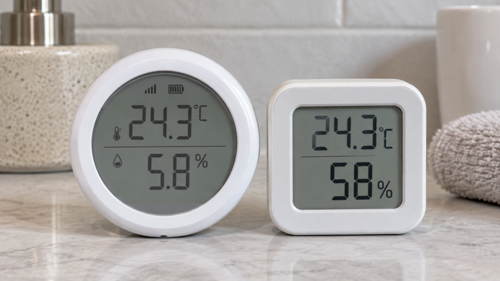 Tuya TS0201 showing 5.8 percent humidity beside a reference hygrometer showing 58 percent at the same temperature.