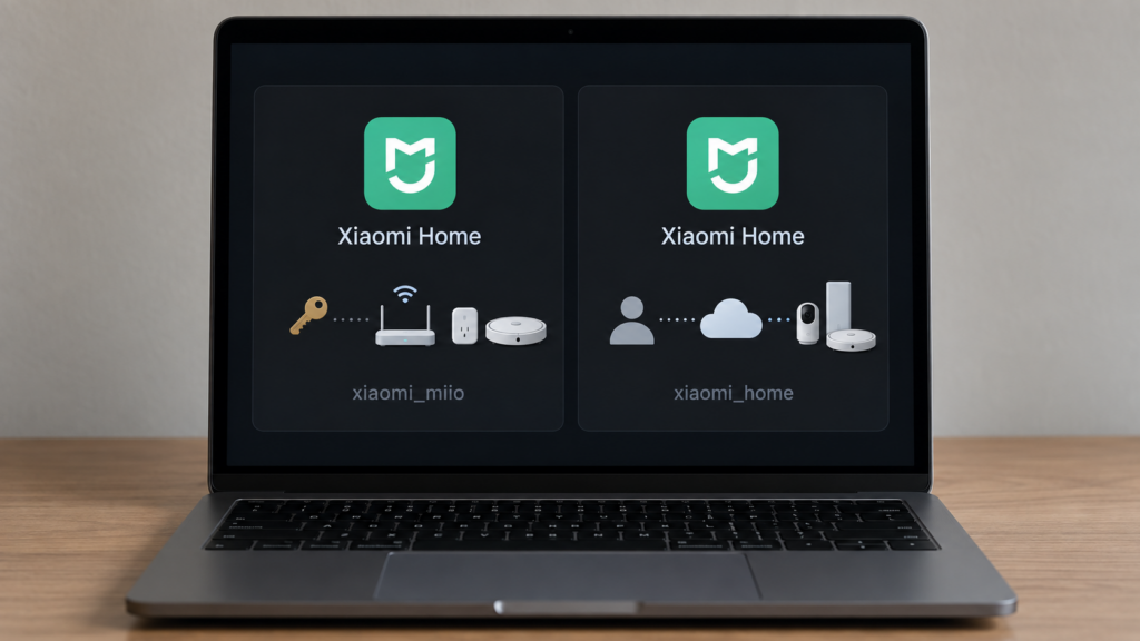 Laptop comparison of the Xiaomi Home xiaomi_miio local integration path and xiaomi_home cloud integration path.
