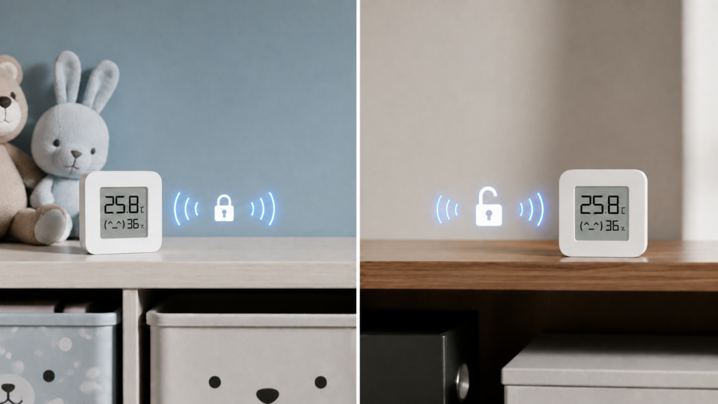 Two Xiaomi LYWSD03MMC temperature and humidity sensors in separate rooms, illustrated with closed and open lock radio symbols.