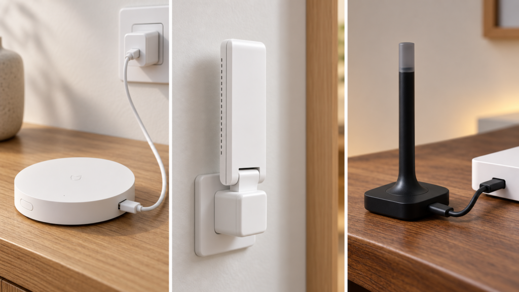 Xiaomi ZNDMWG03LM gateway, Aqara Hub E1, and Home Assistant Connect ZBT-2 shown in their powered installations.