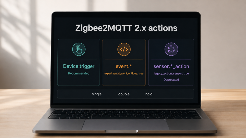 Laptop comparing Zigbee2MQTT 2.x device triggers, event entities, and the legacy action sensor.