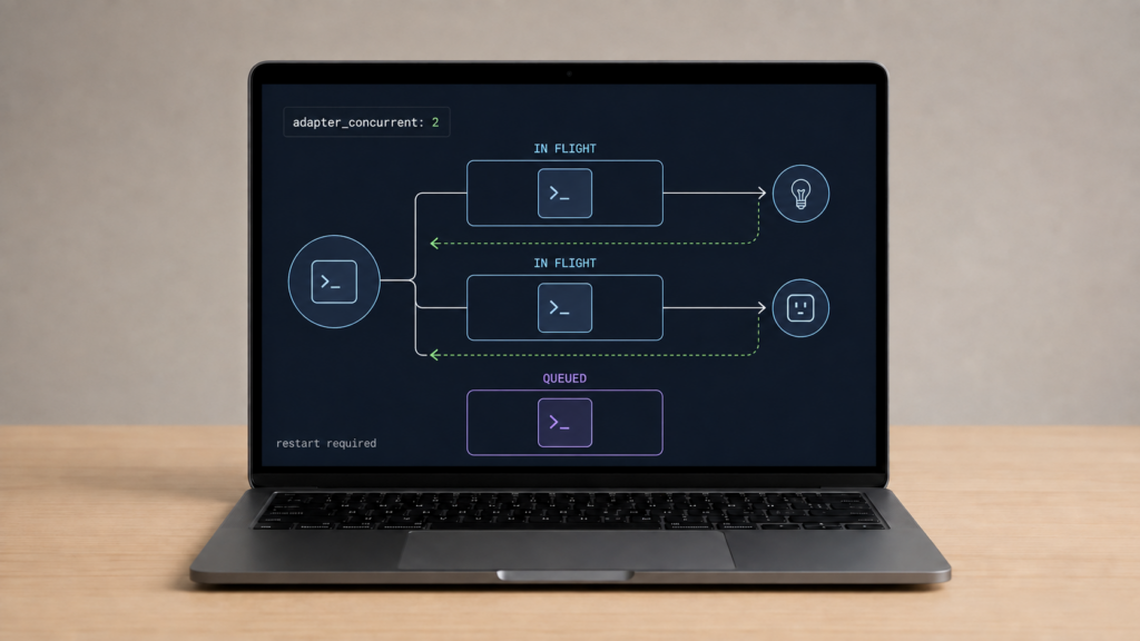 Laptop diagram showing adapter_concurrent set to 2 with two Zigbee commands in flight and one command queued.