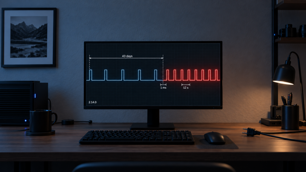 Timeline showing five sparse availability checks over 43 days followed by rapid one-millisecond retries and 12-second ping intervals, with Zigbee2MQTT 2.14.0 noted.