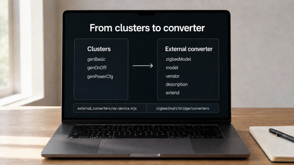 Laptop showing the Zigbee2MQTT external converter structure, converter path, and bridge converters topic.