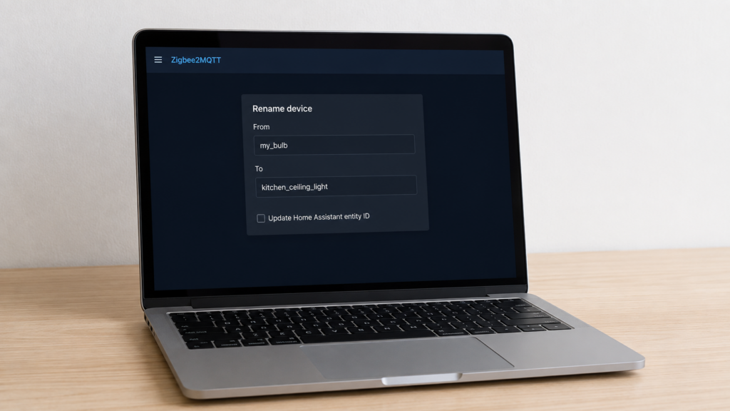 Laptop displaying documented Zigbee2MQTT device rename fields for a Home Assistant integration.