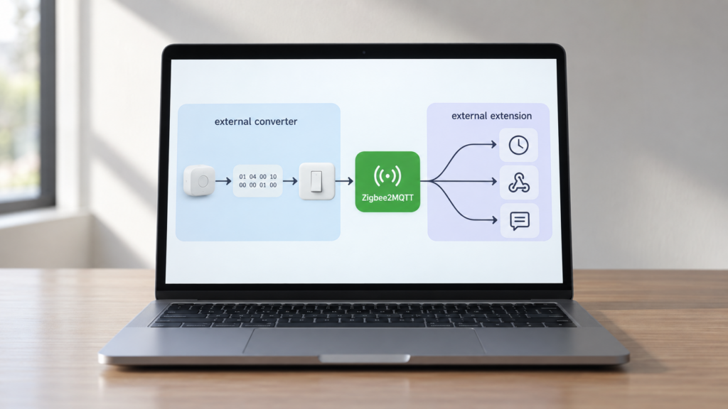 Laptop diagram contrasting a device-specific Zigbee2MQTT external converter with an application-wide external extension.