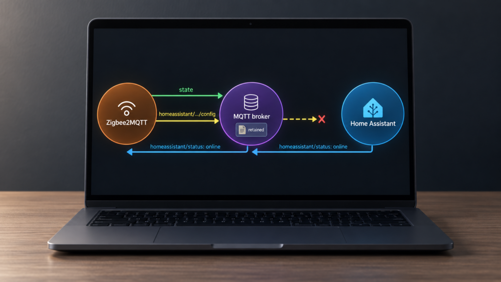 Laptop diagram showing Zigbee2MQTT state reaching an MQTT broker, a missing retained discovery configuration, and the Home Assistant birth message returning through the broker.