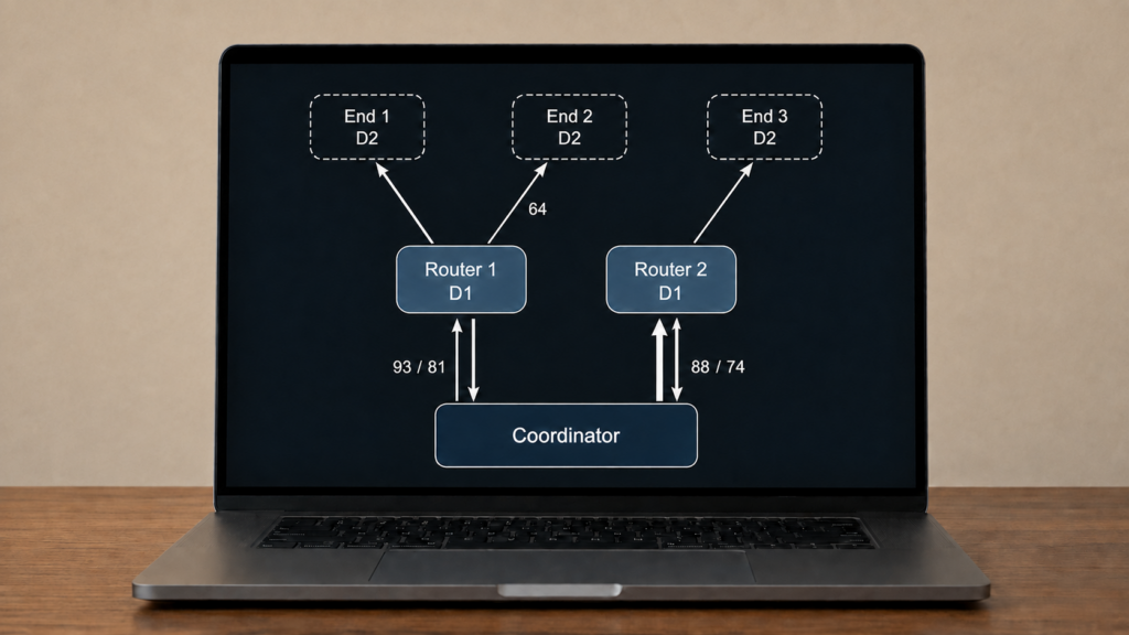 Laptop showing a Zigbee network map with one coordinator, two depth-one routers, three depth-two end devices, and example link-quality values.