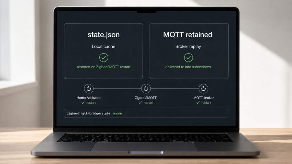 Laptop showing separate state.json and MQTT retained-state paths after Home Assistant, Zigbee2MQTT, and MQTT broker restarts.