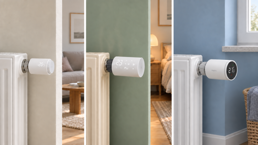 Three separate radiator scenes comparing a SONOFF TRVZB, Zigbee2MQTT TS0601 thermostat hardware, and an Aqara SRTS-A01 valve.